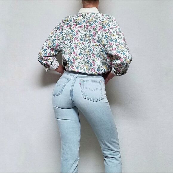 𝅺VINTAGE 90s Falls Creek Button Up Floral Denim Top - Picture 4 of 15